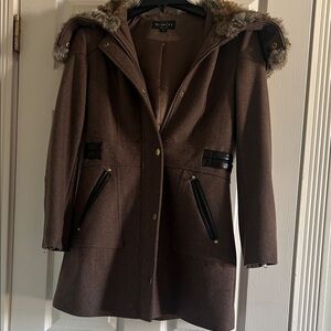 Braetan Chocolate Trench Coat with Faux Fur Trim